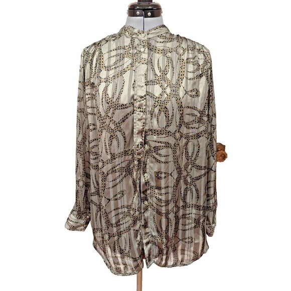 H&M x Richard Allen Olive Green Snake Print Semi-Sheer Long Sleeve Blouse SZ 10 - Picture 1 of 6